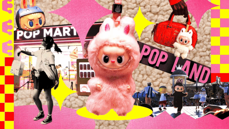 Collage of Labubus, a Pop Mart store and a scene from Pop Land