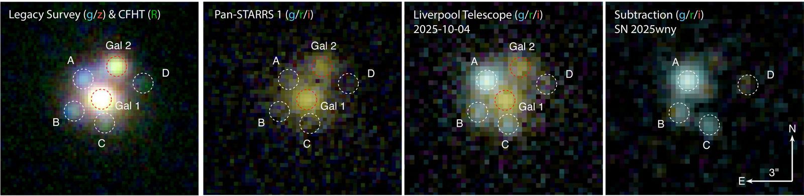 La supernova captada por diferentes telescopios en tierra. Las letras A B C y D señalan las diferentes imágenes...
