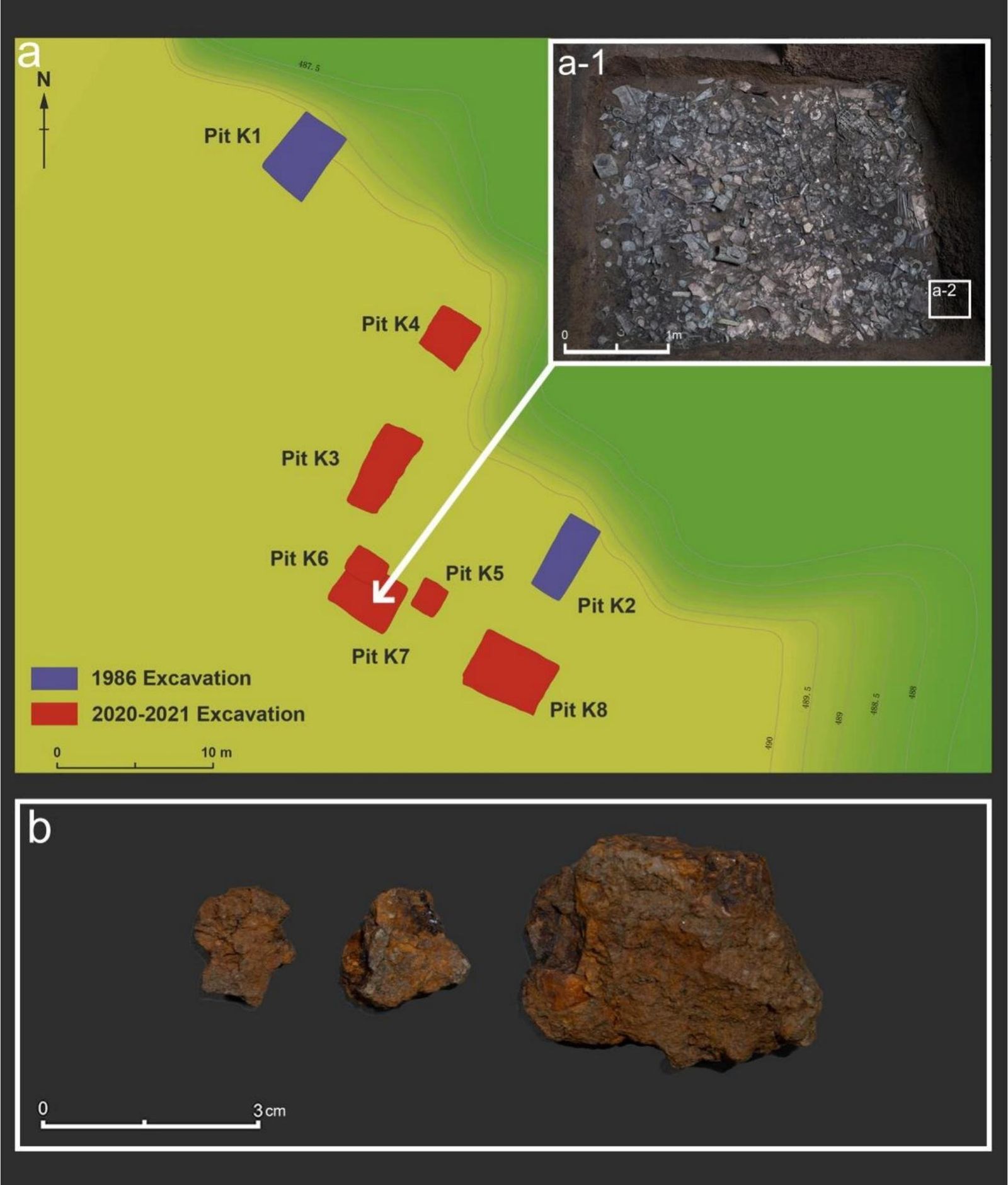 Ubicación de los artefactos y restos del artefacto de hierro meteórico.