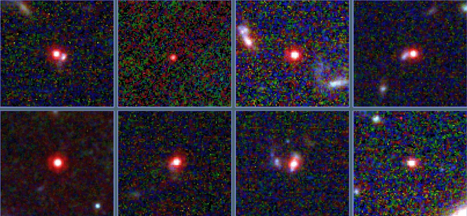 Una muestra de los enigmáticos puntitos rojos que el JWST ha detectado en el universo primitivo