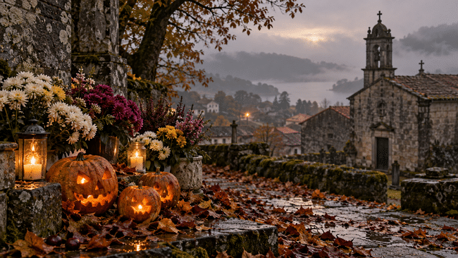 Calabazas y velas en el pueblo brumoso